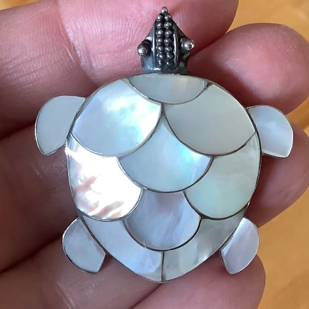 𝅺sterling SILVER 925 MOTHER OF PEARL TORTOISE SHELL LARGE PENDANT​​ - Picture 7 of 8